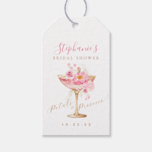 Roze Gouden Bloemblaadjes Prosecco Bruidsdiner Tag Cadeaulabel (Voorkant)