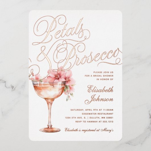 Roze gouden bloemblaadjes & Prosecco Vrijgezellenf Folie Uitnodiging (Voorkant)