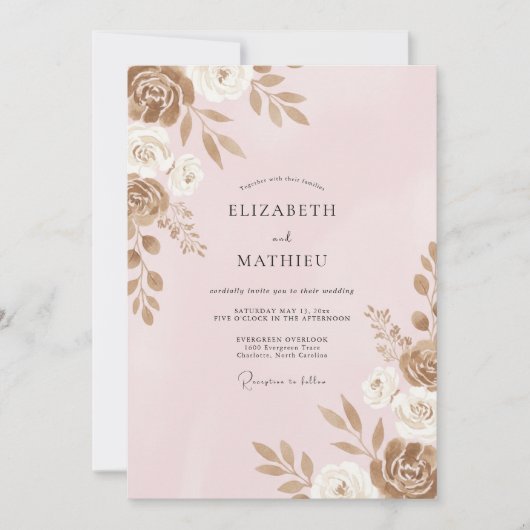 Roze Gouden Bloemblad Bruiloft Kaart (Voorkant)