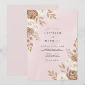 Roze Gouden Bloemblad Bruiloft Kaart (Voorkant / Achterkant)