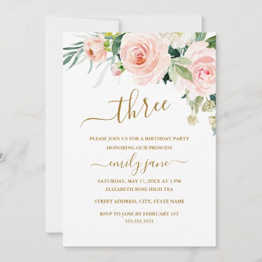 Roze Gouden Bloemen 3e Verjaardagsfeest Kaart (Voorkant)