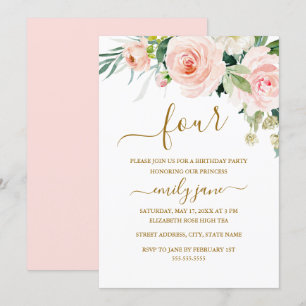 Roze Gouden Bloemen 4e Verjaardagsfeest Kaart