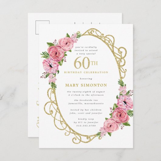 Roze Gouden Bloemen 60e Uitnodiging Briefkaart (Voorkant / Achterkant)