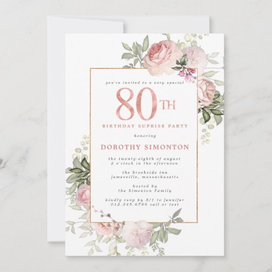 Roze Gouden Bloemen 80ste Verjaardag Surprise Part Kaart (Voorkant)