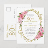 Roze Gouden Bloemen 80ste Verjaardag Uitnodiging (Voorkant / Achterkant)