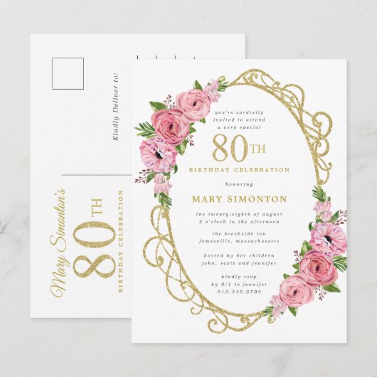 Roze Gouden Bloemen 80ste Verjaardag Uitnodiging (Voorkant / Achterkant)