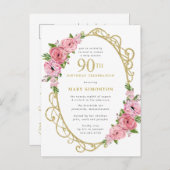 Roze Gouden Bloemen 90ste Verjaardagsfeest Uitnodiging Briefkaart (Voorkant / Achterkant)