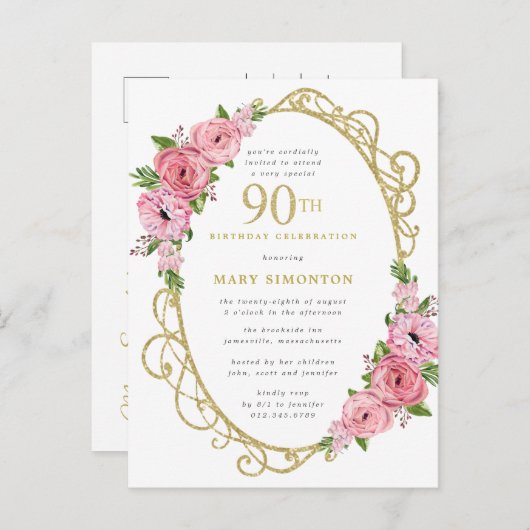 Roze Gouden Bloemen 90ste Verjaardagsfeest Uitnodiging Briefkaart (Voorkant / Achterkant)