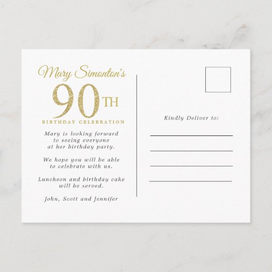 Roze Gouden Bloemen 90ste Verjaardagsfeest Uitnodiging Briefkaart (Achterkant)