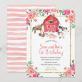 Roze Gouden Bloemen Boerderij 1e Verjaardag Uitnod Kaart (Voorkant / Achterkant)