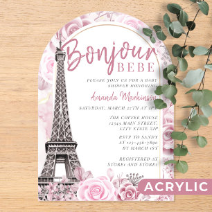 Roze Gouden Bloemen Bonjour Bebe Baby shower Acryl Uitnodigingen