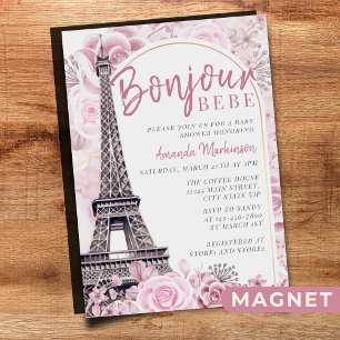 Roze Gouden Bloemen Bonjour Bebe Baby shower Magnetische Uitnodiging