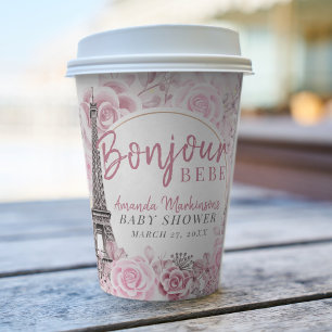 Roze Gouden Bloemen Bonjour Bebe Baby shower Papieren Bekers