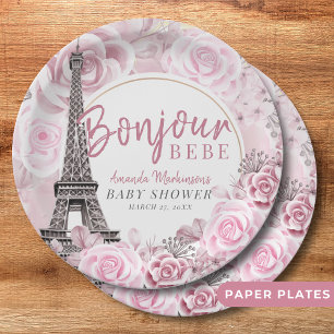 Roze Gouden Bloemen Bonjour Bebe Baby shower Papieren Bordje