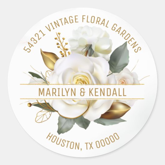Roze Gouden Bloemen Bruiloftadres Ronde Sticker (Voorkant)