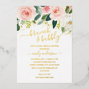 Roze Gouden Bloemen Bruiloftsbrunch En Bruisende B Folie Uitnodiging