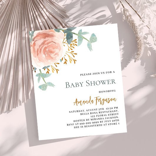 Roze gouden bloemen budget baby shower uitnodiging