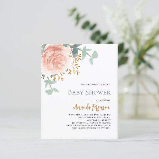 Roze gouden bloemen budget baby shower uitnodiging (Staand voorkant)