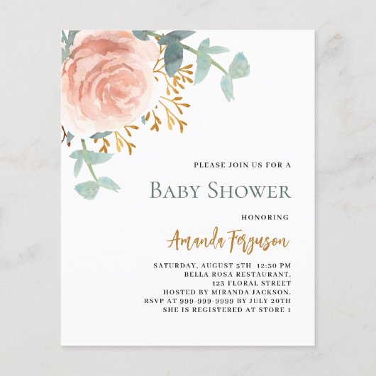 Roze gouden bloemen budget baby shower uitnodiging (Voorkant)