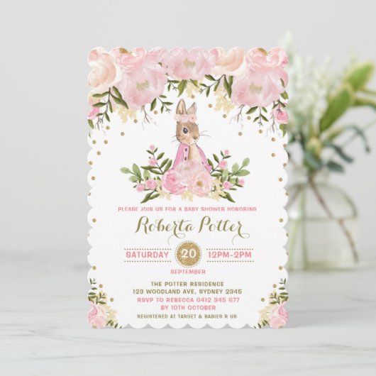 Roze Gouden Bloemen Bunny Konijn Baby shower Uitno Kaart (Staand voorkant)