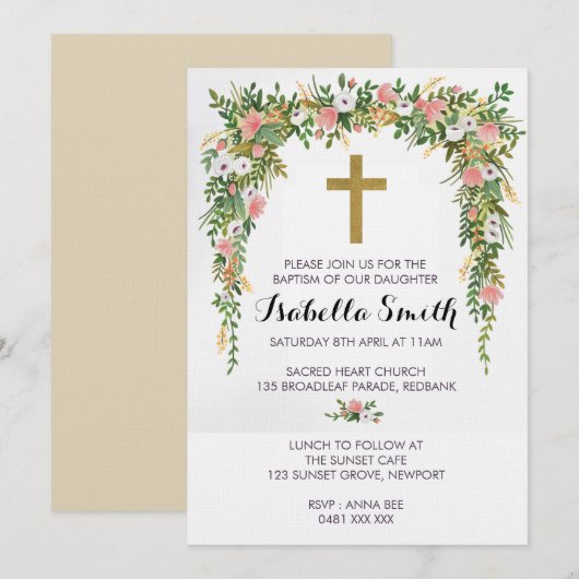 Roze Gouden Bloemen Doop / Doop Uitnodiging (Voorkant / Achterkant)