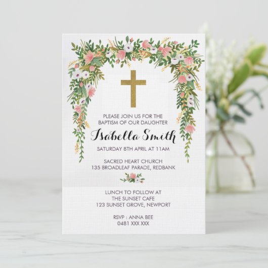 Roze Gouden Bloemen Doop / Doop Uitnodiging (Staand voorkant)