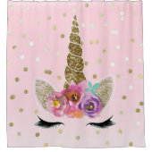 Roze & Gouden Bloemen Eenhoorn Gouden Glitter Meis Douchegordijn (Voorkant)