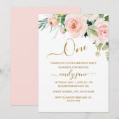 Roze Gouden Bloemen Eerste 1e Verjaardagsfeest Kaart (Voorkant / Achterkant)