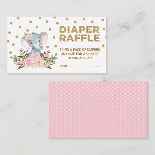 Roze & Gouden Bloemen Elephant Luier Raffle Ticket Informatiekaartje (Voorkant / Achterkant)