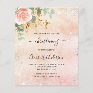 Roze gouden bloemen eucalyptus doop uitnodiging flyer