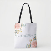 Roze gouden bloemen eucalyptus monogram bruidsmeis tote bag (Voorkant)