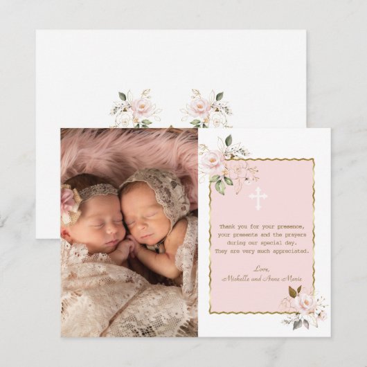Roze Gouden Bloemen Foto Meisjes Tweeling Doop  Bedankkaart (Voorkant / Achterkant)