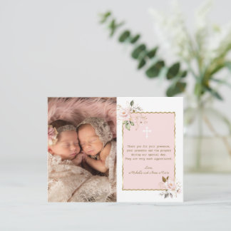 Roze Gouden Bloemen Foto Meisjes Tweeling Doop Bedankkaart