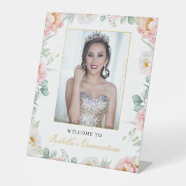 Roze Gouden Bloemen Foto Quinceañera Welkomstbord Reclamebord Met Voetstuk
