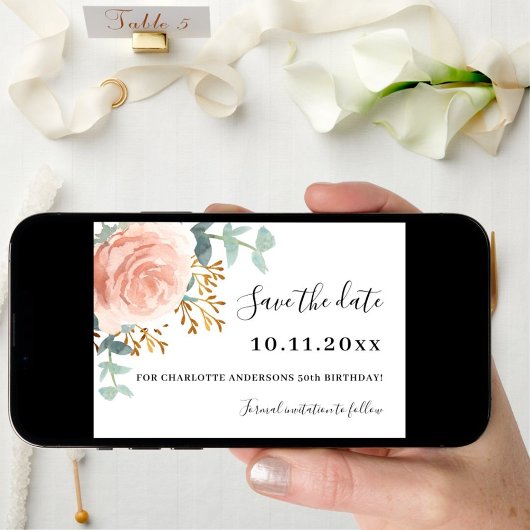 Roze gouden bloemen groen verjaardag Save the Date