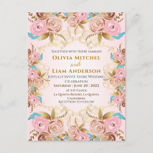 Roze & Gouden Bloemen Lijst bruiloft Briefkaart (Voorkant)