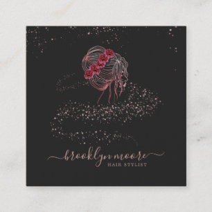 Roze Gouden Bloemen Logo Kapper   Elegant Vierkante Visitekaartje