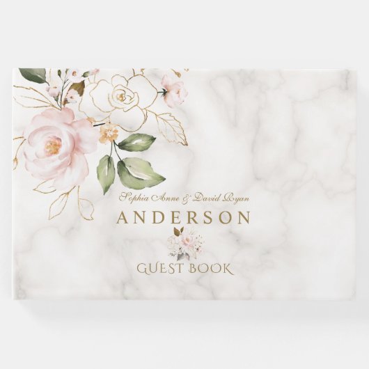 Roze gouden bloemen marmer Monogram Weddenschap Gastenboek (Voorkant)