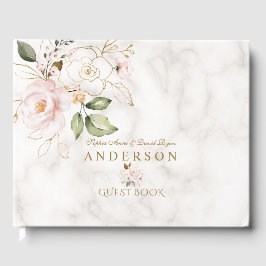 Roze gouden bloemen marmer Monogram Weddenschap Gastenboek