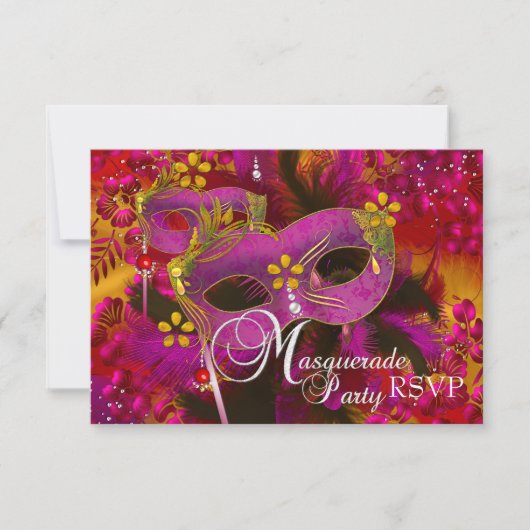 Roze Gouden Bloemen Masquerade Party RSVP (Voorkant)