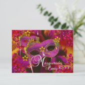Roze Gouden Bloemen Masquerade Party RSVP (Staand voorkant)