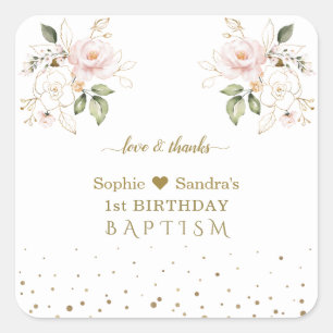 Roze Gouden Bloemen Meisjes Tweeling 1e Verjaardag Vierkante Sticker