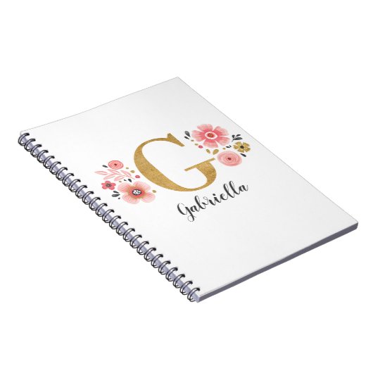 Roze gouden bloemen monogram letter G Notitieboek (Rechterzijde)