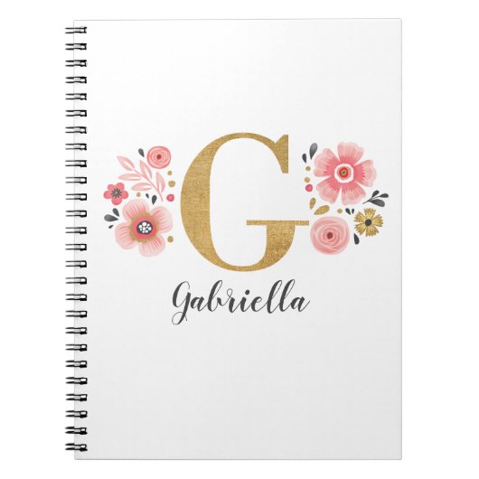 Roze gouden bloemen monogram letter G Notitieboek (Voorkant)