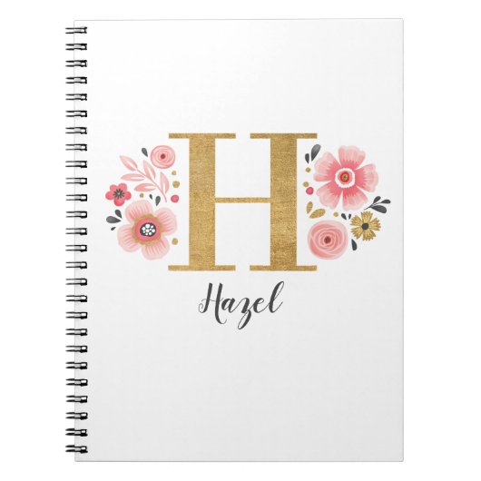 Roze gouden bloemen monogram letter H Notitieboek (Voorkant)