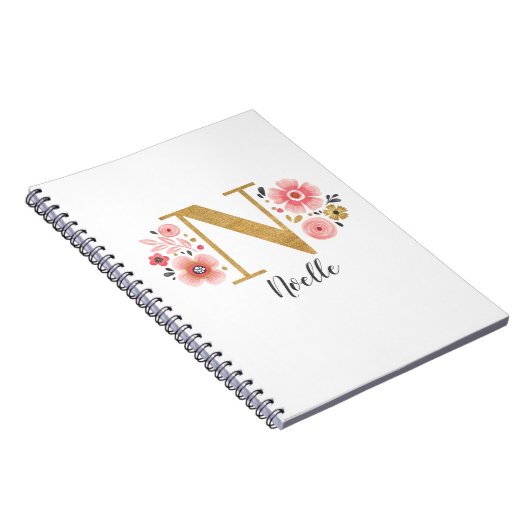 Roze gouden bloemen monogram letter N Notitieboek (Rechterzijde)