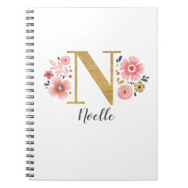 Roze gouden bloemen monogram letter N Notitieboek