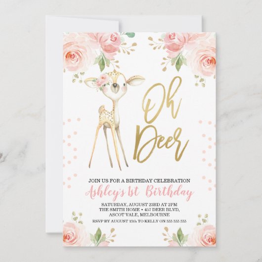Roze Gouden Bloemen Oh Herten Verjaardag Uitnodigi Kaart (Voorkant)