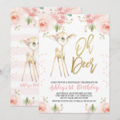 Roze Gouden Bloemen Oh Herten Verjaardag Uitnodigi Kaart (Voorkant / Achterkant)