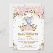 Roze & Gouden Bloemen Olifant Baby shower Uitnodig Kaart (Voorkant)